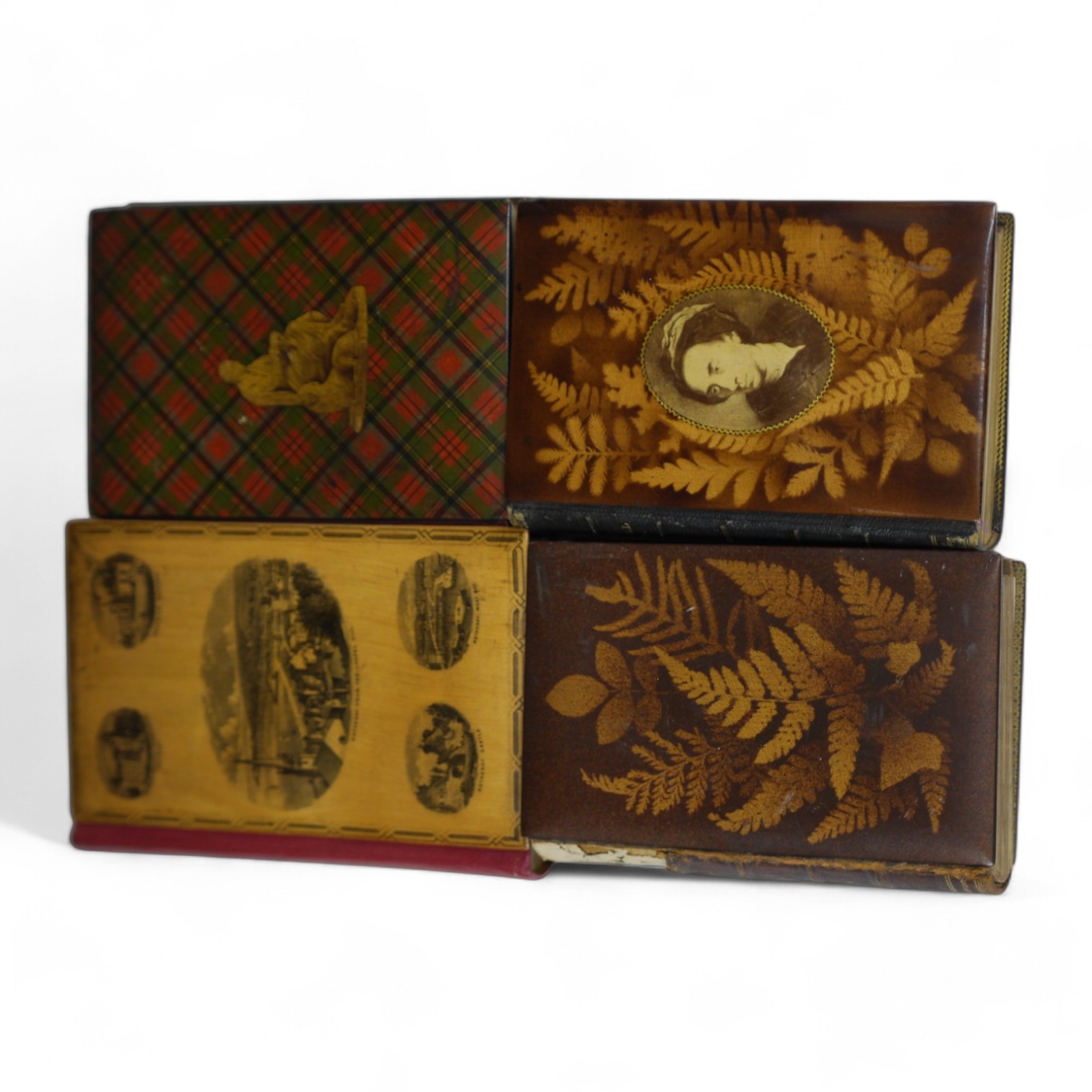 Four Victorian Novelty Bindings; The Poetical Works of Sir Walter Scott in Mauchlineware with vignettes of Rothesay and Pope's Poetical Works in Fernware boards with applied portrait; Scott, Walter - The Lady of the Lake